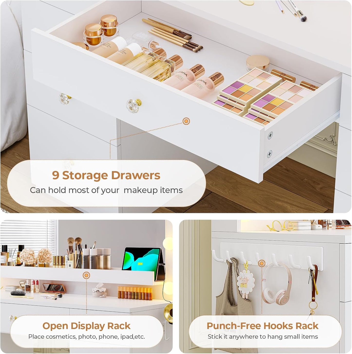Makeup Vanity Desk with Large Lighted Mirror and 9 Drawers, Large Vanity Desk with Storage Rack, Hook, Crystal Handle, White Bedroom Dressing Table Set with Charging Station, Lights Adjustable