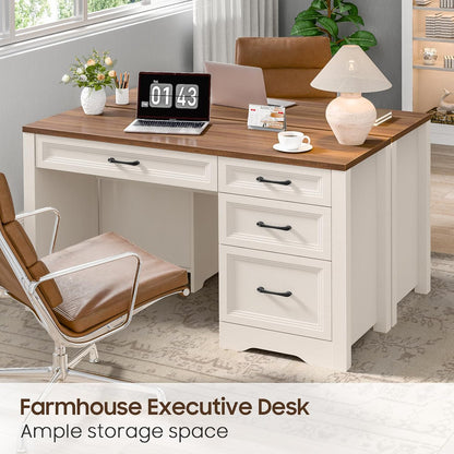 Farmhouse Executive Desk with Storage and Ample File Drawer, Rustic Large Home Writing Desk for Bedroom, White