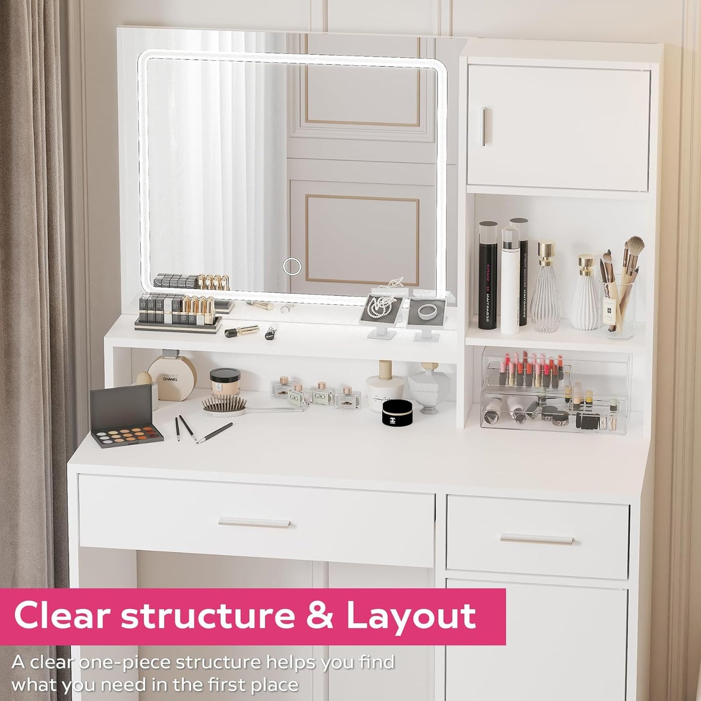 Vanity Desk with Mirror and LED Light Strip,Dressing Table with Large Drawer, 3 Level Storage Dresser & 3 Lighting Modes Adjustable Brightness, Suitable for Bedroom