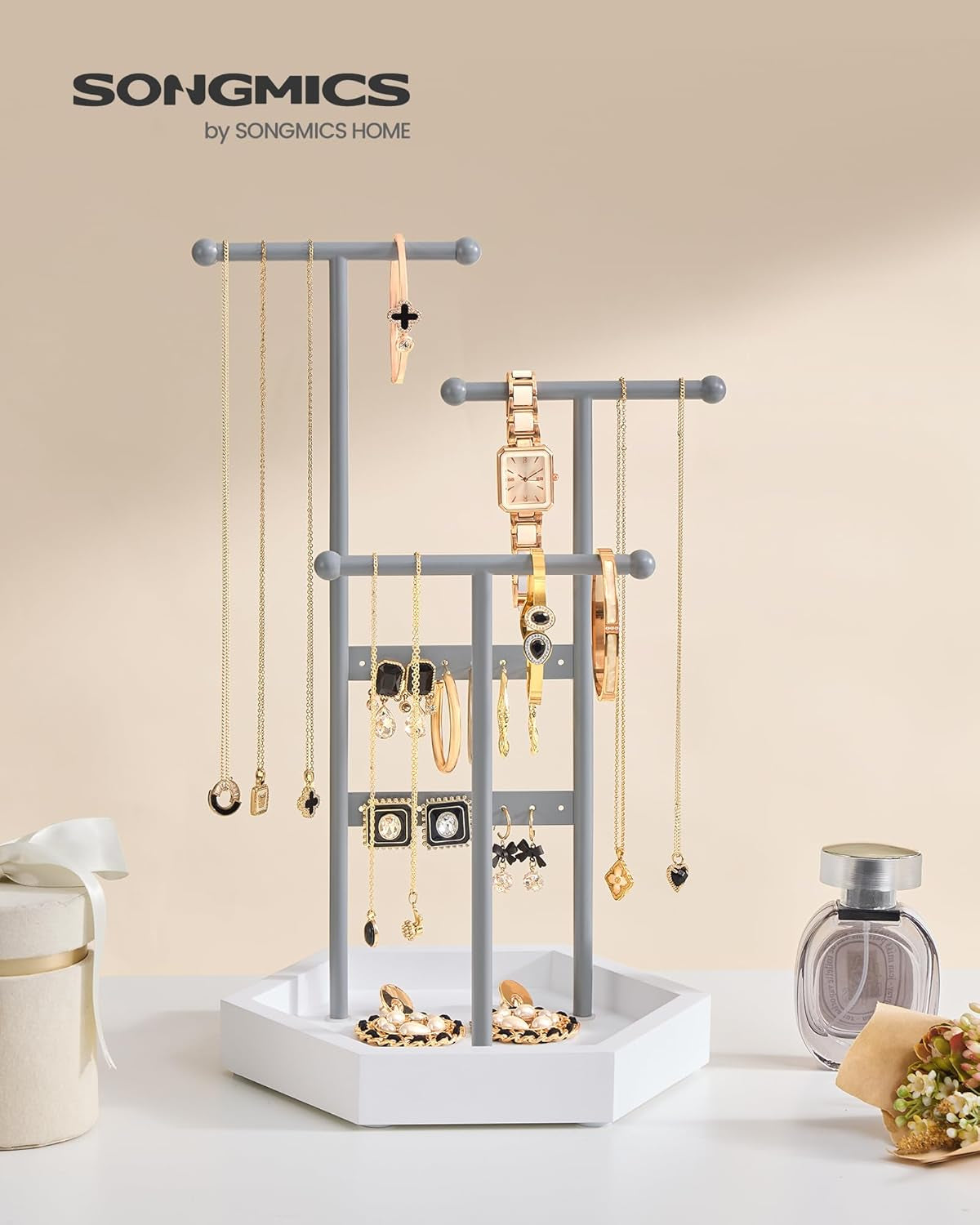 Jewelry Holder, Jewelry Organizer, 3 Tiers and 1 Tray, Jewelry Display Stand with Metal Frame, Necklace Earring Bracelet Holder, for Rings, Dove Gray and Cloud White UJJS003G01