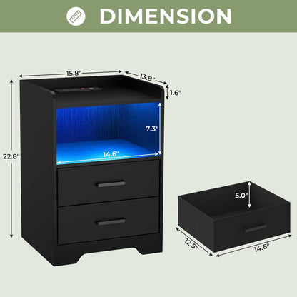 Night Stand Set of 2 with LED Lights and Charging Station, Modern Bedside End Table with 2 Fabric Storage Drawers, Black Nightstands for Bedroom