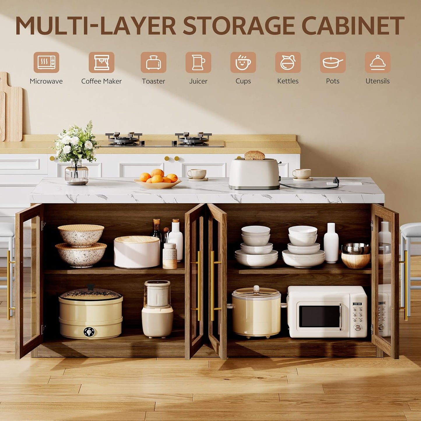 Kitchen Island with Storage, 57" W Large Island Table with Seating/Led Light for Dining Room, Kitchen Carts on Wheels Breakfast Bar Table W/Power Outlet, Walnut