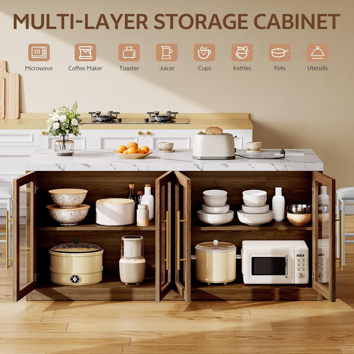 Kitchen Island with Storage, 57" W Large Island Table with Seating/Led Light for Dining Room, Kitchen Carts on Wheels Breakfast Bar Table W/Power Outlet, Walnut