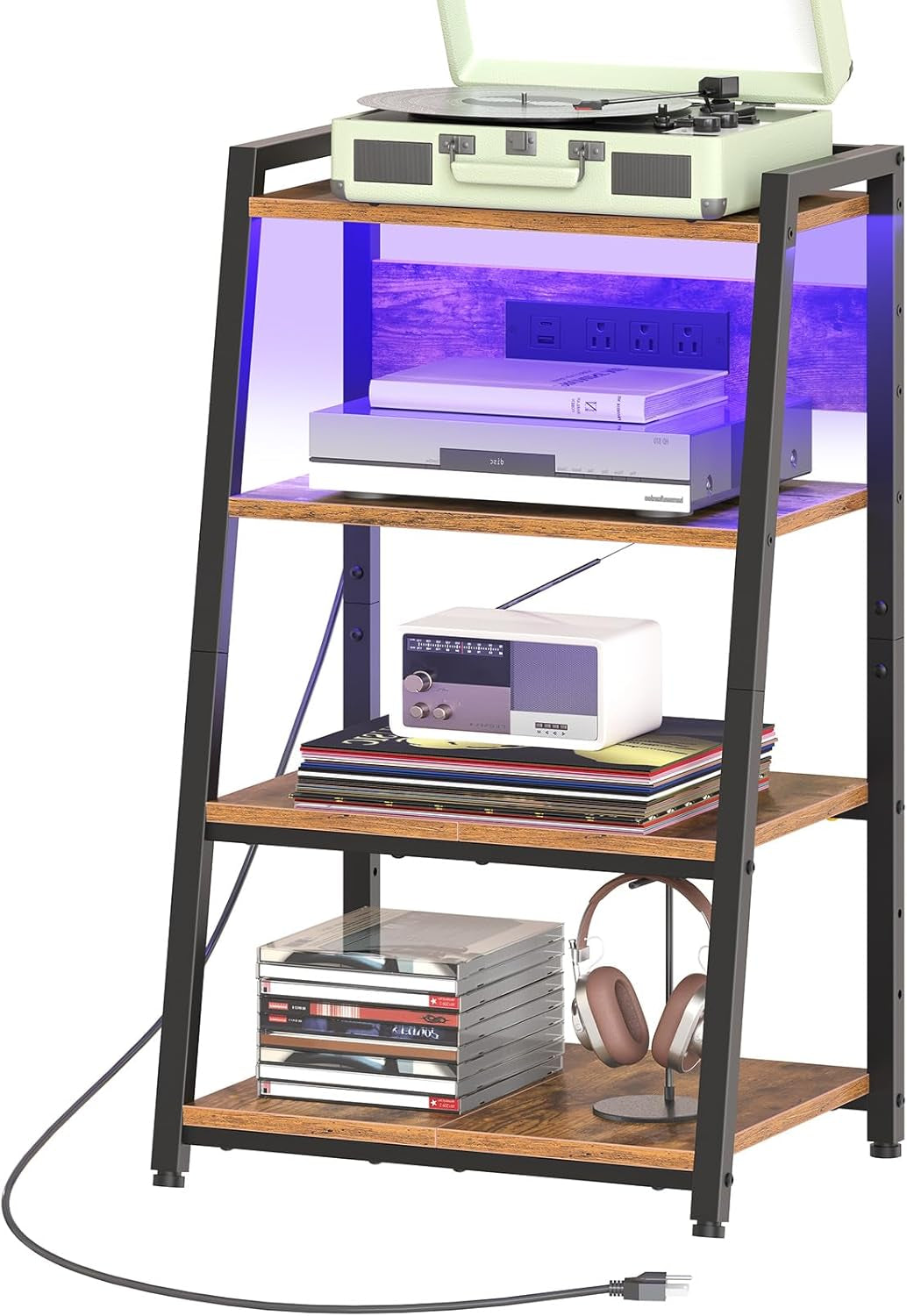 4-Tier AV Media Stand with Charging Station and LED Light, Wooden Stereo Cabinet, Game Console Stand, Media Audio Rack, Record Player, Entertainment Center, Rustic Brown and Black BF106UDCJ01