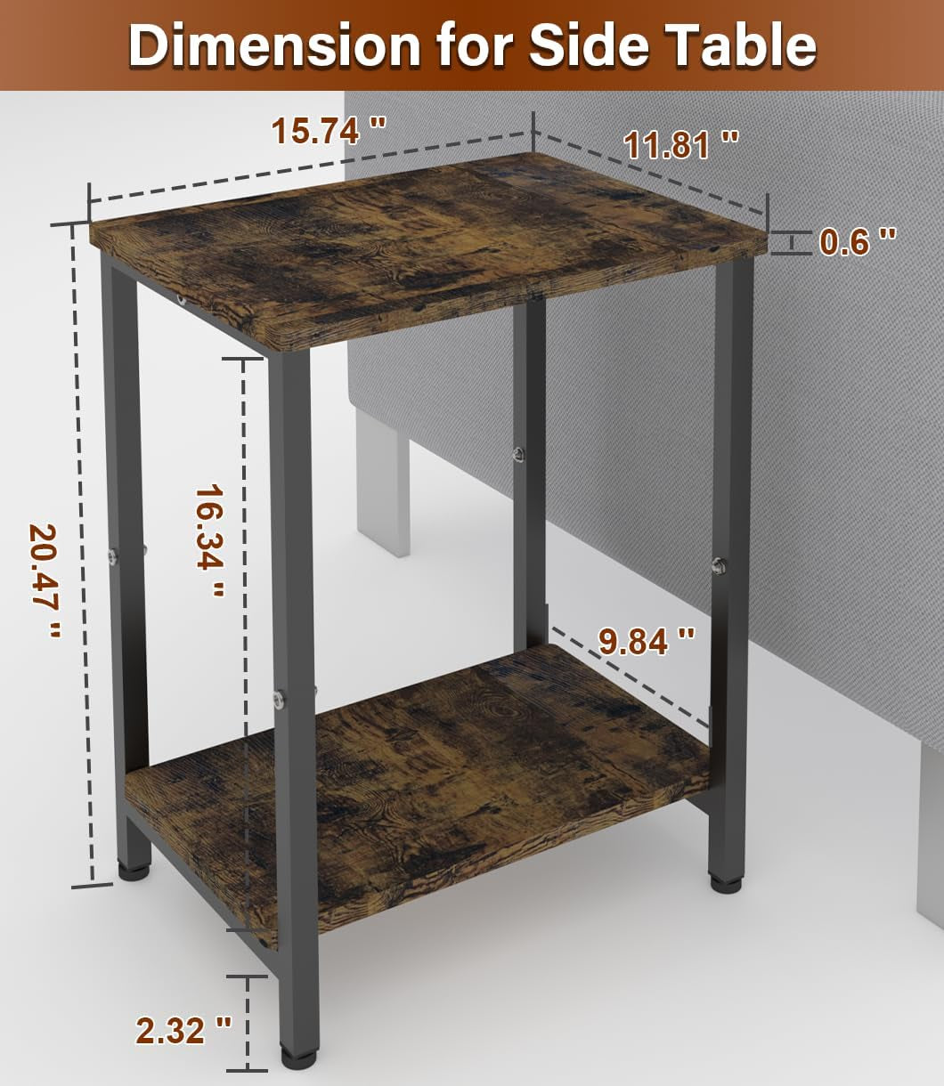 2 Tier Side Table, Heavy Duty End Table with Shelves, Narrow Nightstand Table for Small Spaces, Record Player Table for Bedroom, Living Room, Sofa Couch - Rustic Brown & Black