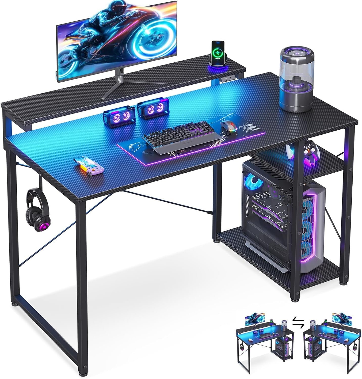 40 Inch Small Gaming Desk with Storage & Led Lights, Computer Desk with Shelf, Reversible Gamer Desk with Monitor Stand, Carbon Fiber Texture Black