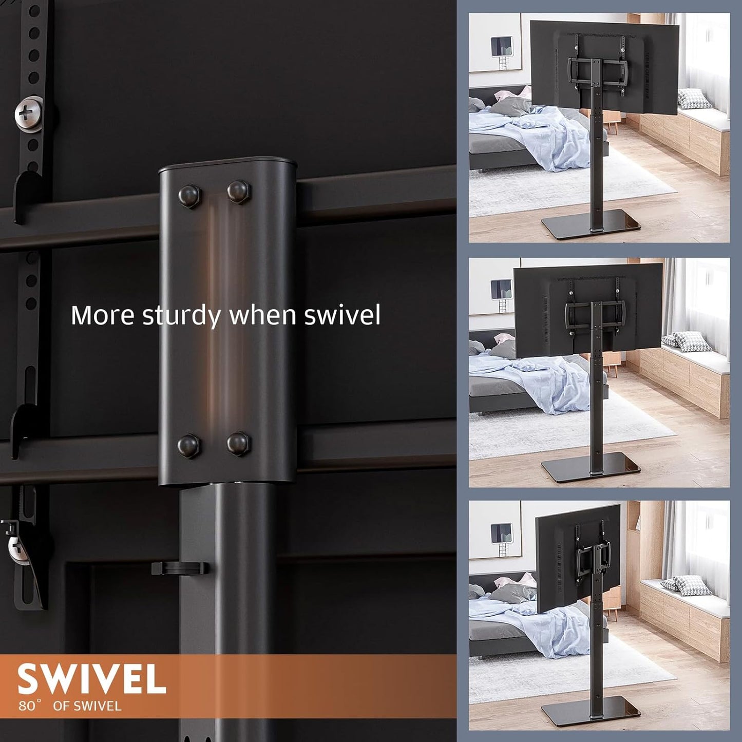 Universal Floor TV Stand with Mount 80 Degree Swivel Height Adjustable and Space Saving Design for Most 27 to 65 Inch LCD, LED OLED Tvs, Perfect for Corner & Bedroom HT1002B