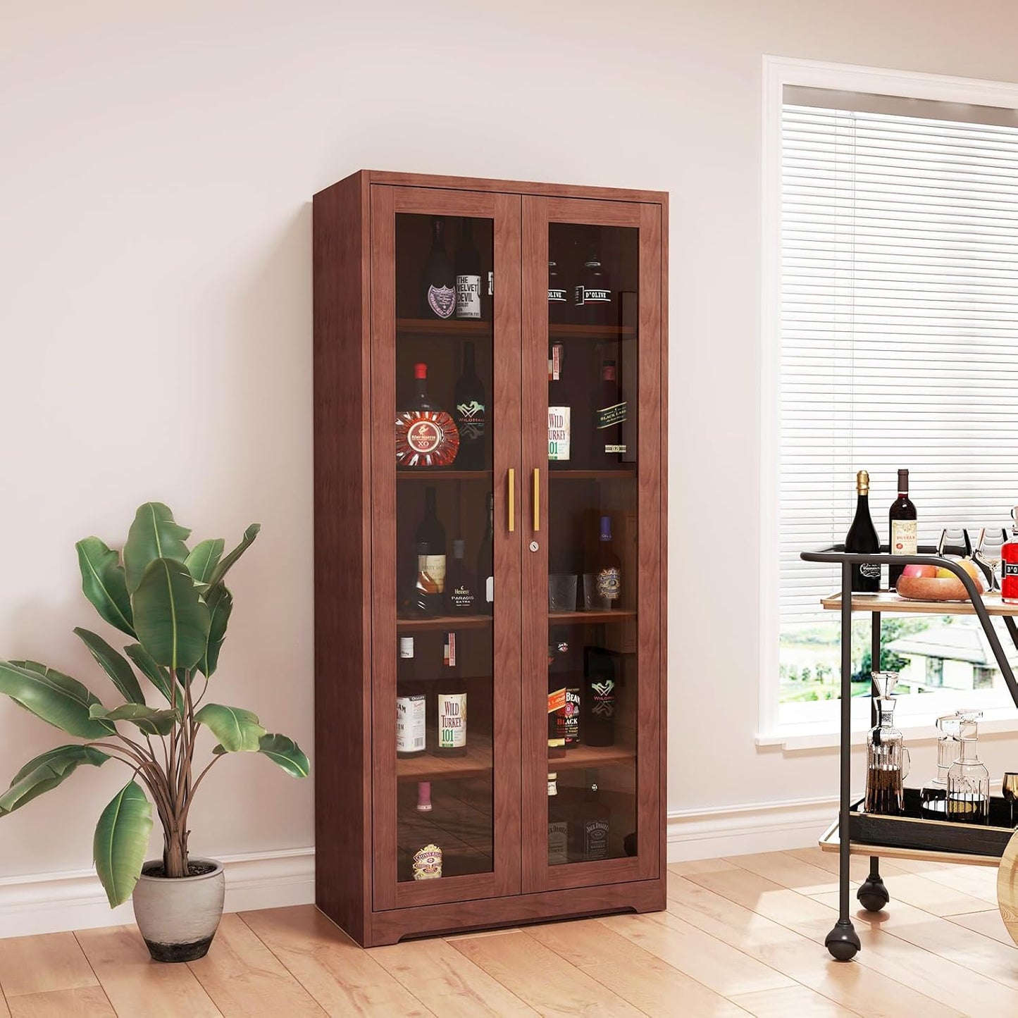 71" Display Cabinet, Metal Kitchen Storage Cabinet, Curio Display Case with Glass Doors and 4 Adjustable Shelves, Locking Cabinets for Kitchen, Hallway, Living Room, Wood Color -Assembly Required