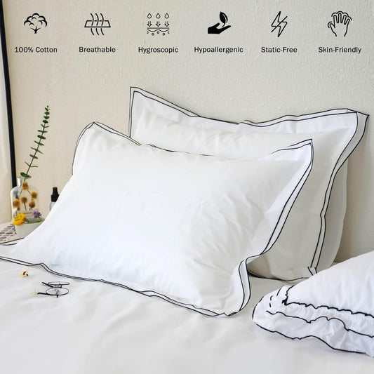 Set of 2 Elegant Embroidery Pillowcases, King Size, 100% Cotton - White Good Feeling Shams, Elegant Trims, Softer and Breathable Pillow Covers, 20X36 Inches