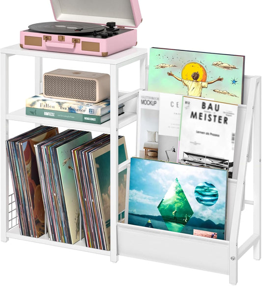 Record Player Table,Turntable Shelf with Vinyl Storage up to 150 Albums,White Side Table with 3 Tier Magazine Periodical Book Rack,Wide Metal Record Holder Cabinet for Room Office