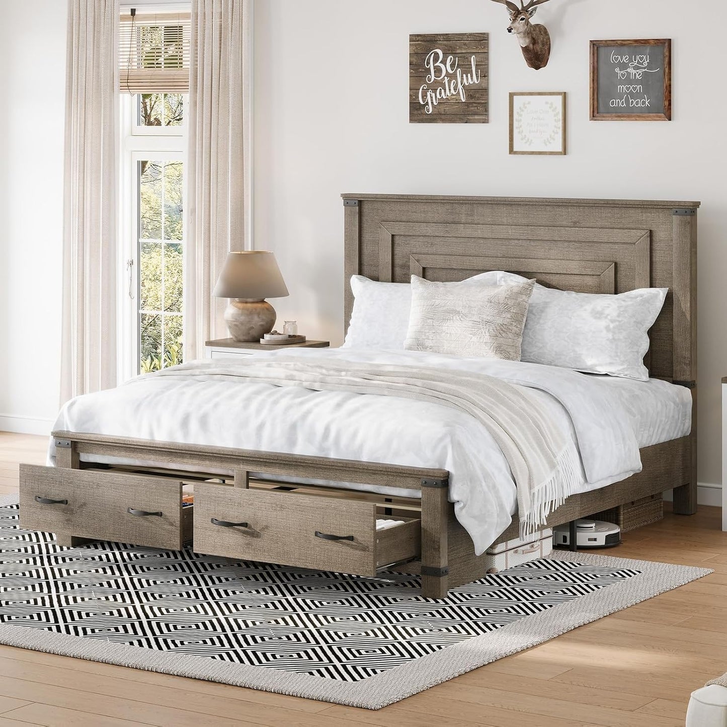 Farmhouse Queen Bed Frame with 54" Tall Geometric Headboard & Footboard, Rustic Wood Platform Bed Frame with Large Storage Drawers, Wood Slats Support, No Box Spring Needed, Rustic Gray