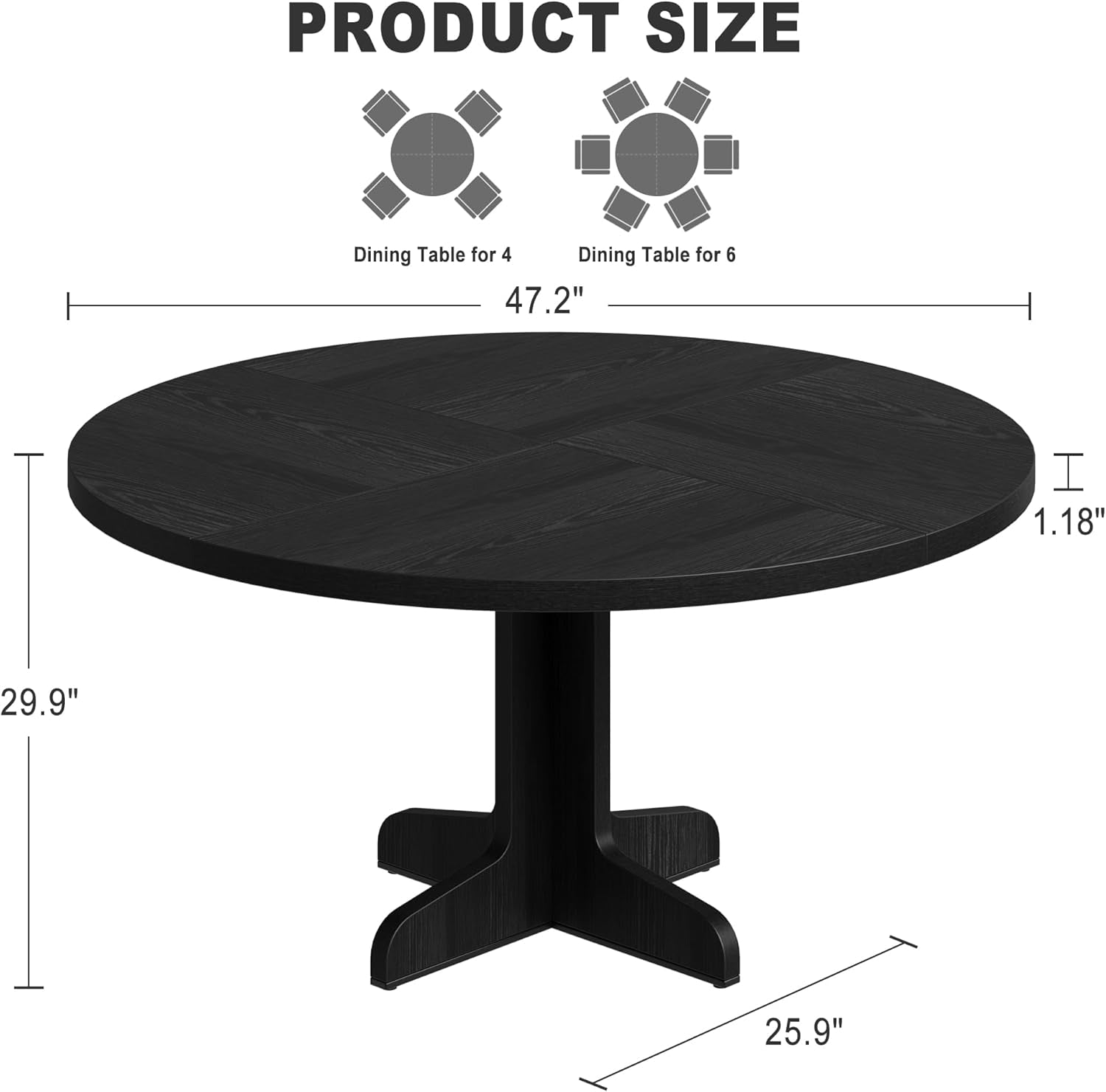 round Dining Table for 4, 47 Inches Dining Room Table with Wooden Base, Circle Kitchen Dinner Table for Dining Room, Kitchen, Living Room (Table Only), Black