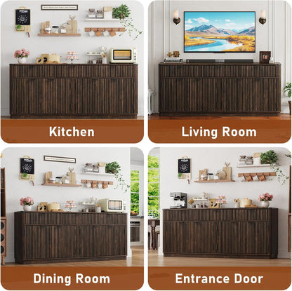70” Large Curved Buffet Cabinet with 3 Storage Drawers,Kitchen Fluted Sideboard Cabinet W 4 Door Shelves,W Load-Bearing Steel Pipe,Wood Farmhouse Coffee Bar Cabinets,Kitchen Pantry(Rustic Brown)