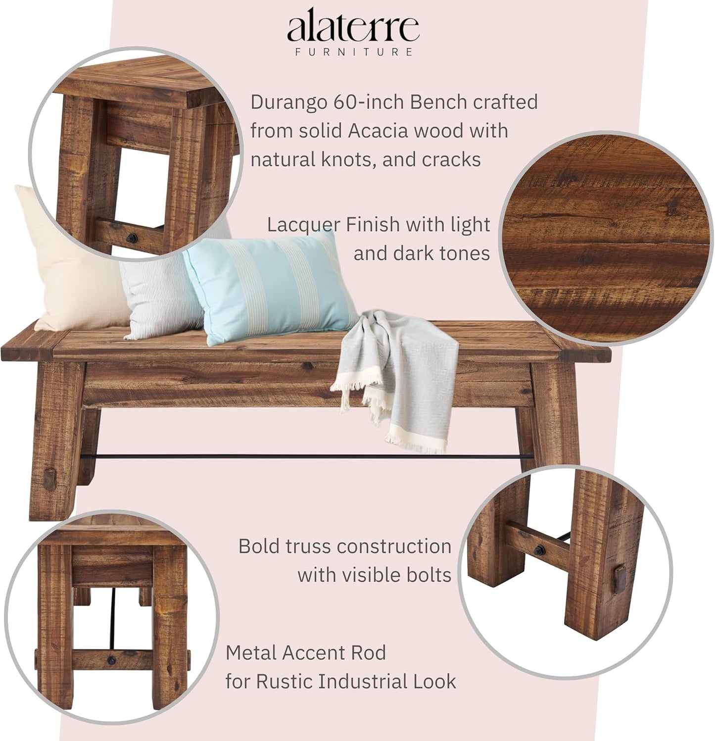 Durango Rustic Farmhouse Style 60-Inch Wood Bench - Industrial Modern Accent Furniture with Solid Wood Seat for Entryway, Dining Room, Hallway, Foyer, or Kitchen by