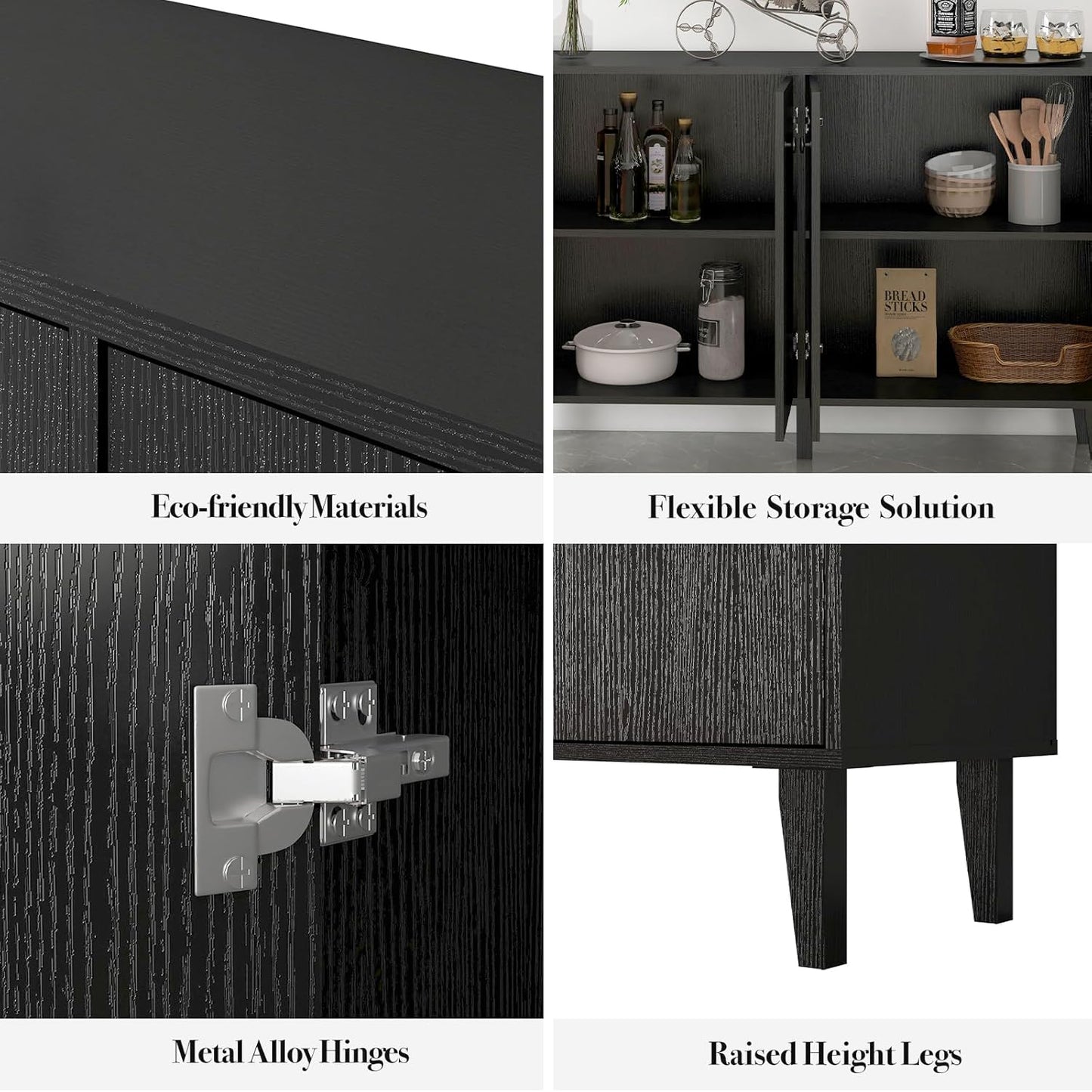 Sideboard Buffet Cabinet Kitchen Storage Cabinet Living Room 4 Doors Console Table (Black)