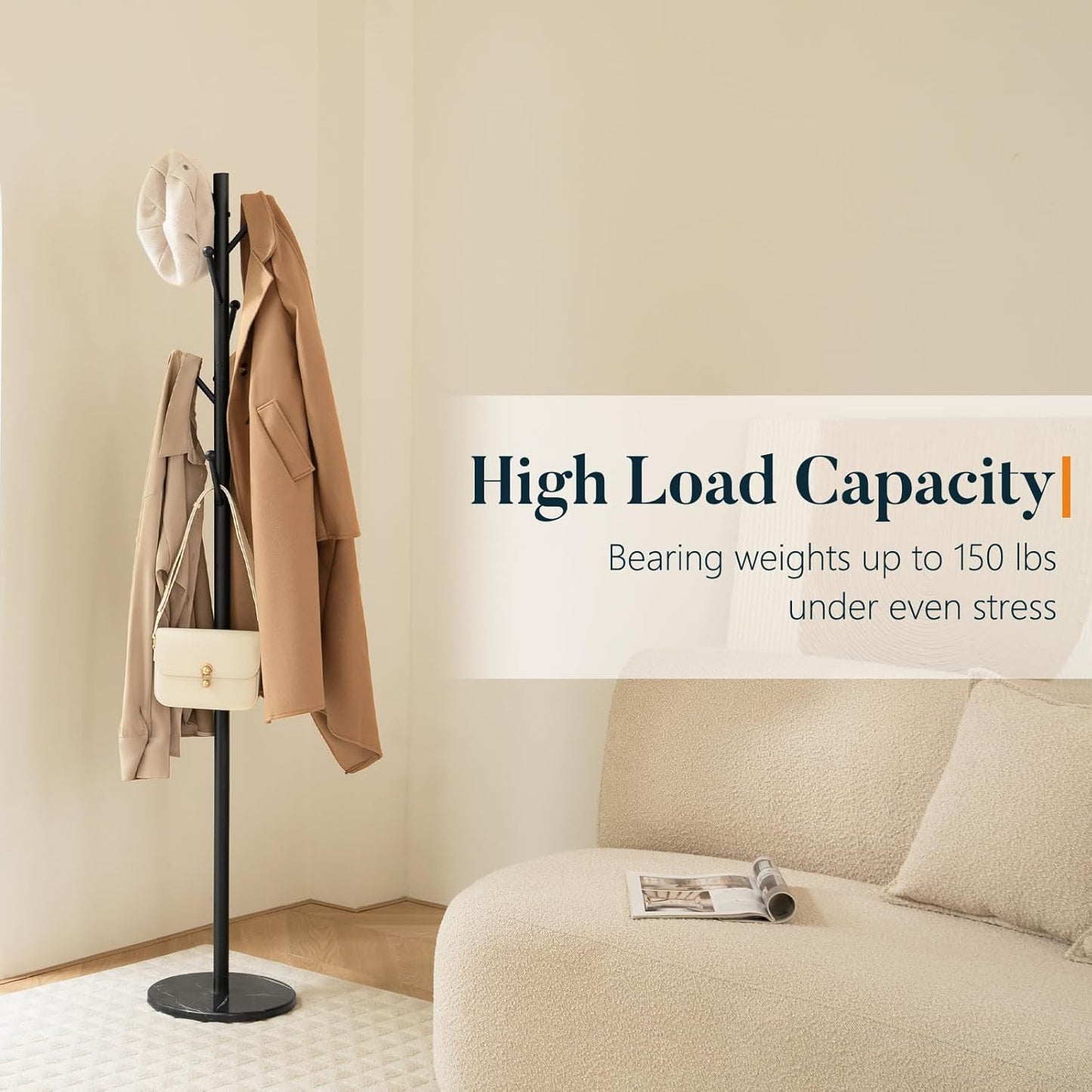 Coat Rack Freestanding with Natural Marble Base - Coat Tree with 8 Hooks Heavy Duty Coat Hanger Stand, Metal Coat Rack Stand for Jacket, Hat, Clothes & Bag, Hall Tree Hat Rack for Entryway