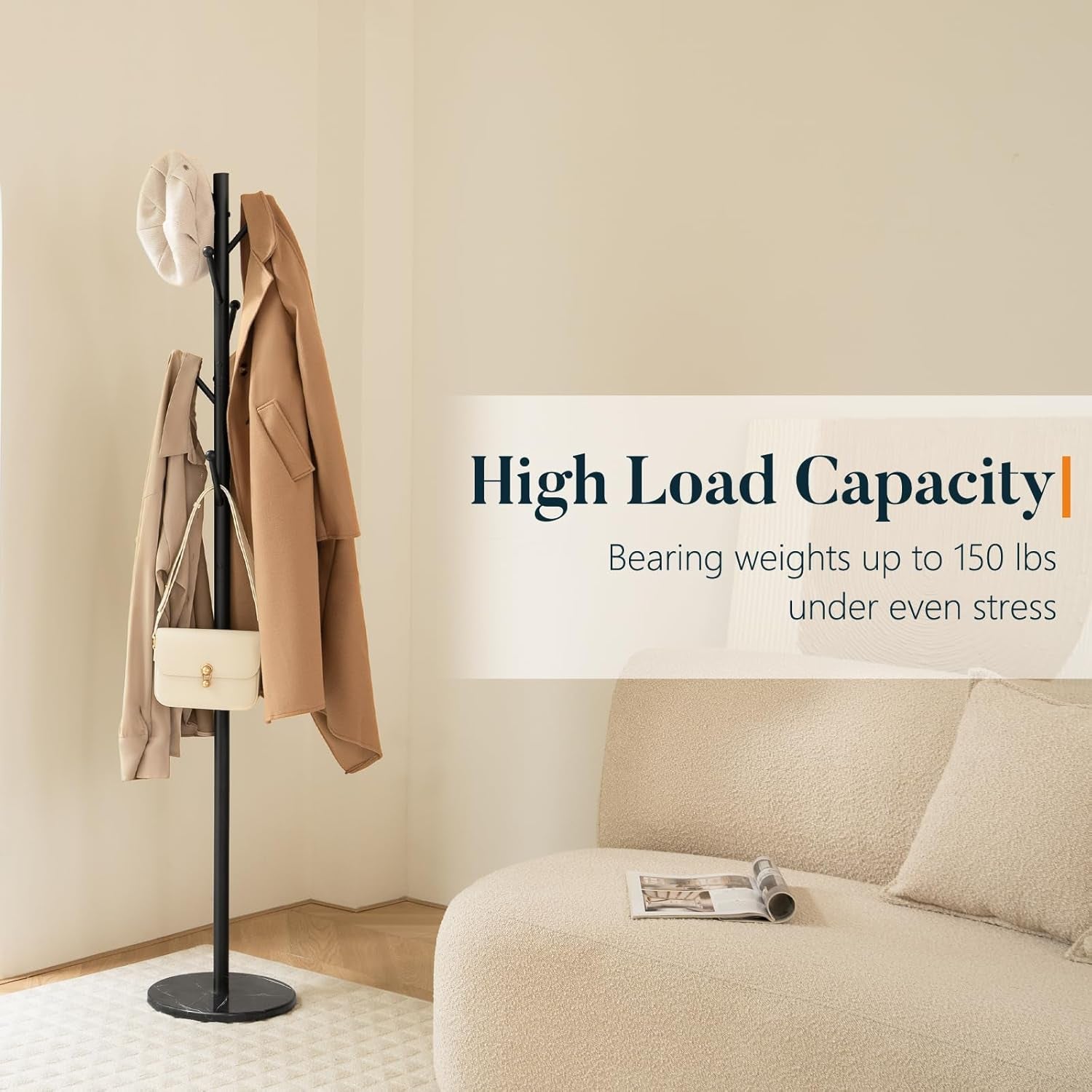 Coat Rack Freestanding with Natural Marble Base - Coat Tree with 8 Hooks Heavy Duty Coat Hanger Stand, Metal Coat Rack Stand for Jacket, Hat, Clothes & Bag, Hall Tree Hat Rack for Entryway
