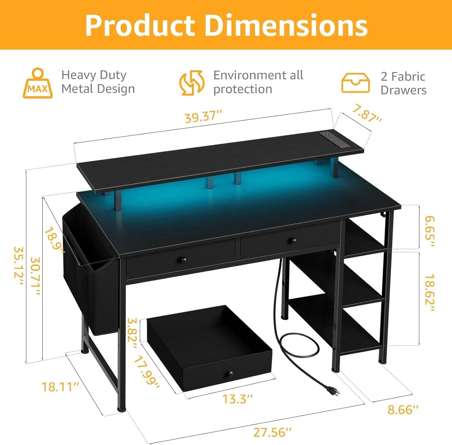 Black Gaming Desk with Shelves and Drawers - 39 Inch Small Gaming Desk with Storage Shelves for Boys Teens Bedroom, Black Computer Desks with Drawers, Monitor Stand, Power Outlet