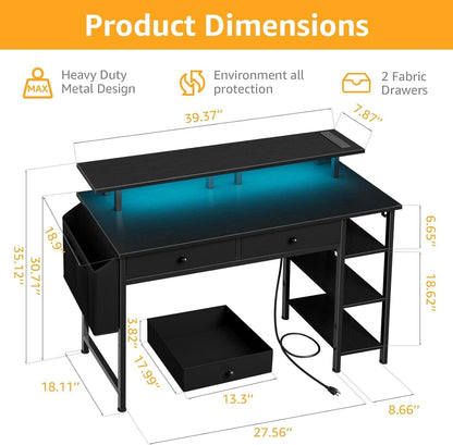 Black Gaming Desk with Shelves and Drawers - 39 Inch Small Gaming Desk with Storage Shelves for Boys Teens Bedroom, Black Computer Desks with Drawers, Monitor Stand, Power Outlet