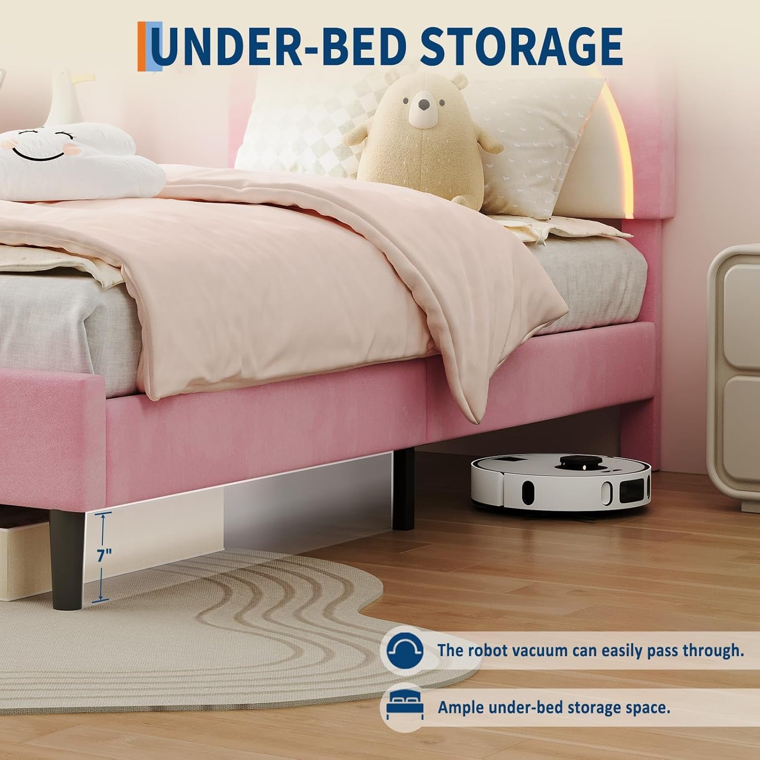 Twin Size LED Bed Frame with Storage Drawers,Adjustable Headboard with Cute Bear Design,Soft Velvet Fabric Bed Frame for Kids,Solid Wood Slat Support,Noise-Free,Easy Assembly,Pink