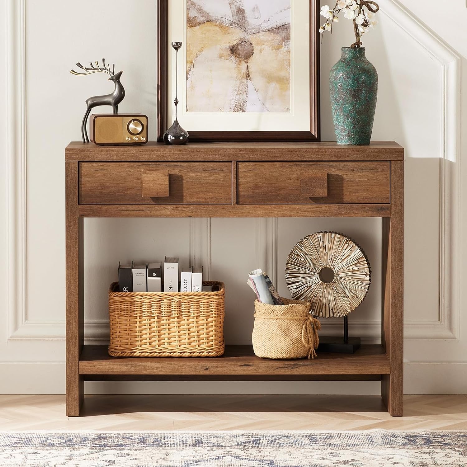 Console Table with Drawers, 47 Inch Narrow Entryway Table with Open Storage Shelves, Mid Century Modern Hallway Accent Tables behind Couch Table for Living Room (Vintage Brown)