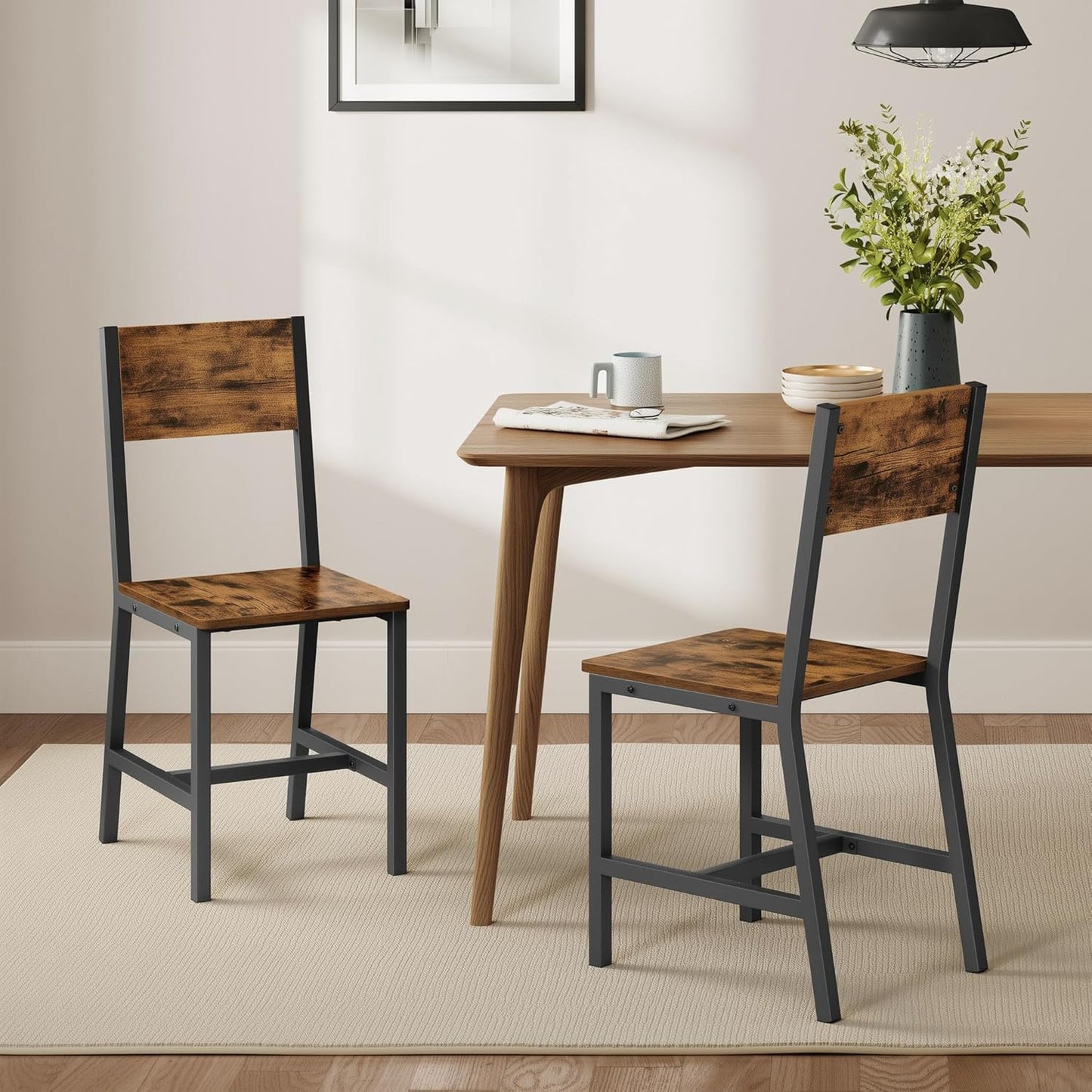 Dining Chair Set of 6, Wood Kitchen Chairs with Metal Steel Frame, Easy to Assemble, Comfortable Seat, Modern Farmhouse Chair for Kitchen, Bedroom, Living Room, Rustic Brown and Ink Black