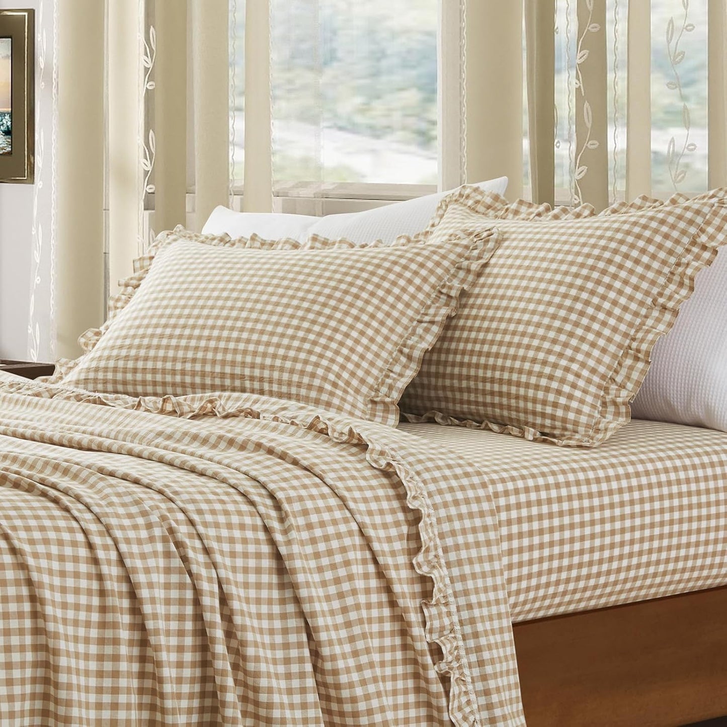 2 Pcs Plaid Ruffle Pillow Case King Size, Ruffled Gingham Cotton Pillowcases 20X36 Inch, Linen Feel Plaid Bed Pillow Shams with Envelope Closure for Sofa Bed (Taupe)