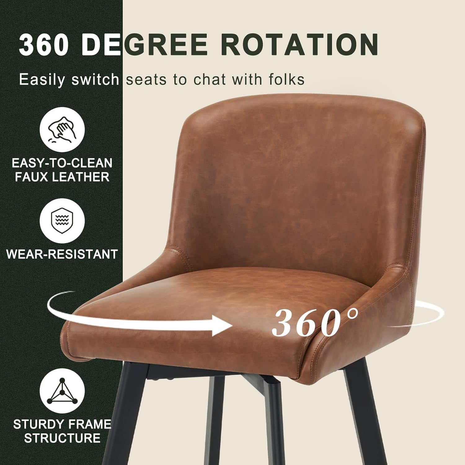 Swivel Bar Stools Set of 3, 26''H Upholstered Barstools with Backs, Modern Counter Height Bar Stool Chairs for Kitchen Island, Metal Legs, Faux Leather, Brown Counter Stools