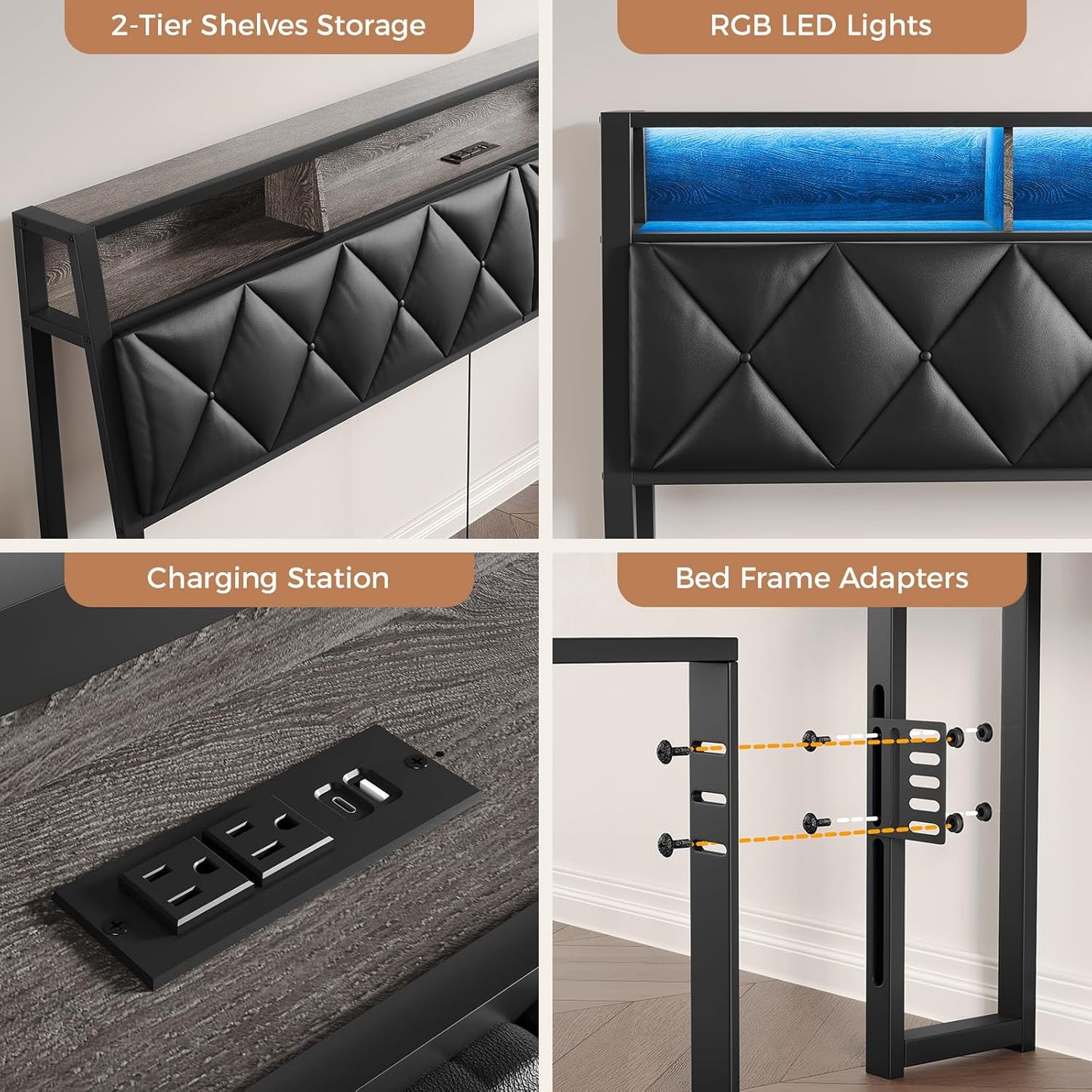Queen Headboard Only, Headboard for Queen Size Bed with Storage, Upholstered Headboards with LED Lights & Charging Station, Attach Frame, Ideal for Bedroom/Dorm/Guest Room, Black, Faux Leather