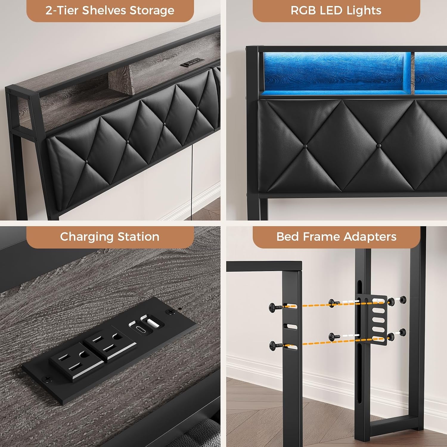 Queen Headboard Only, Headboard for Queen Size Bed with Storage, Upholstered Headboards with LED Lights & Charging Station, Attach Frame, Ideal for Bedroom/Dorm/Guest Room, Black, Faux Leather