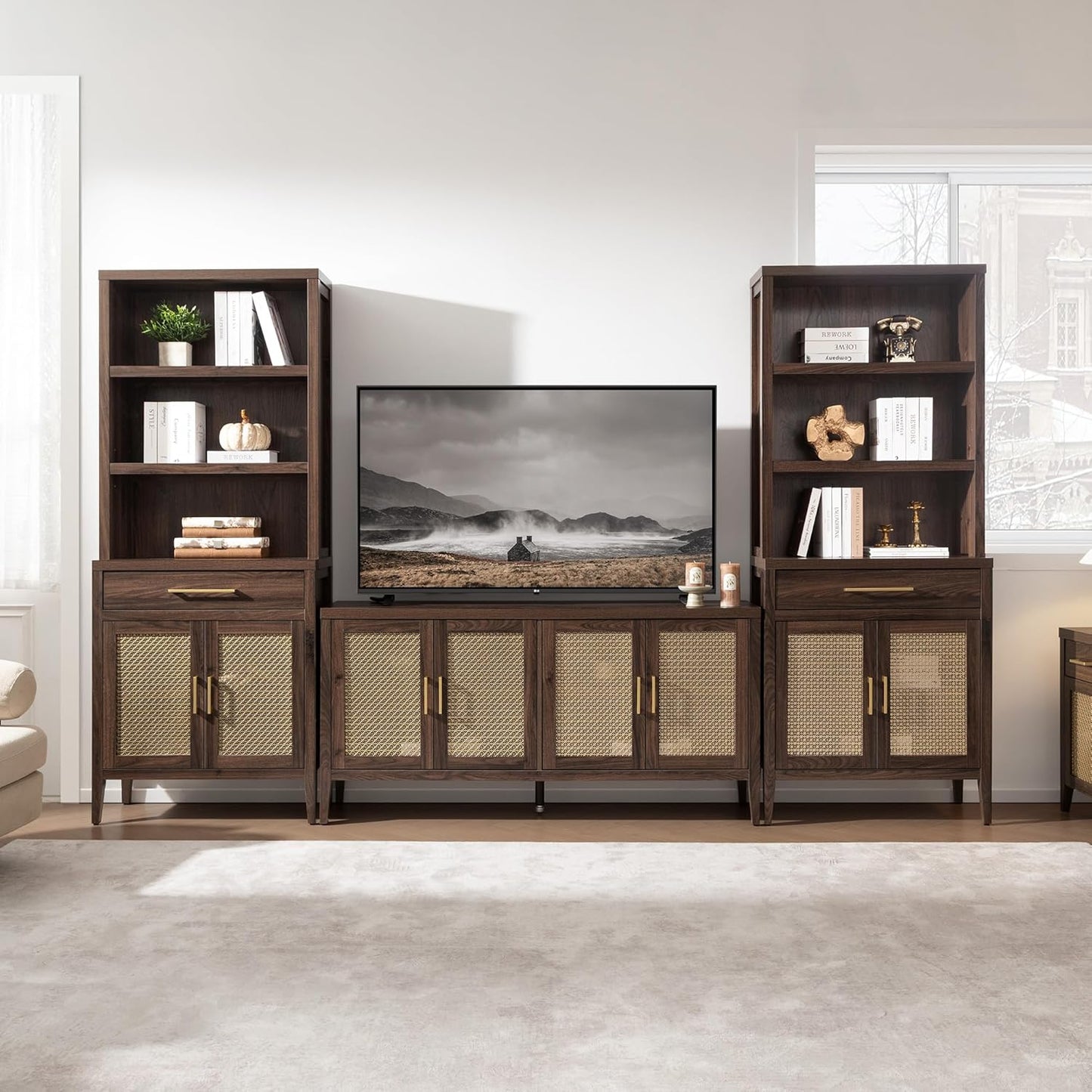 TV Stands for Living Room-Entertainment Center with Storage for Bedroom-Mid Century Modern Television Stands with 4 Doors 59" Media Console TV Cabinet Credenza for 45 50 55 60 65 Inch Tvs