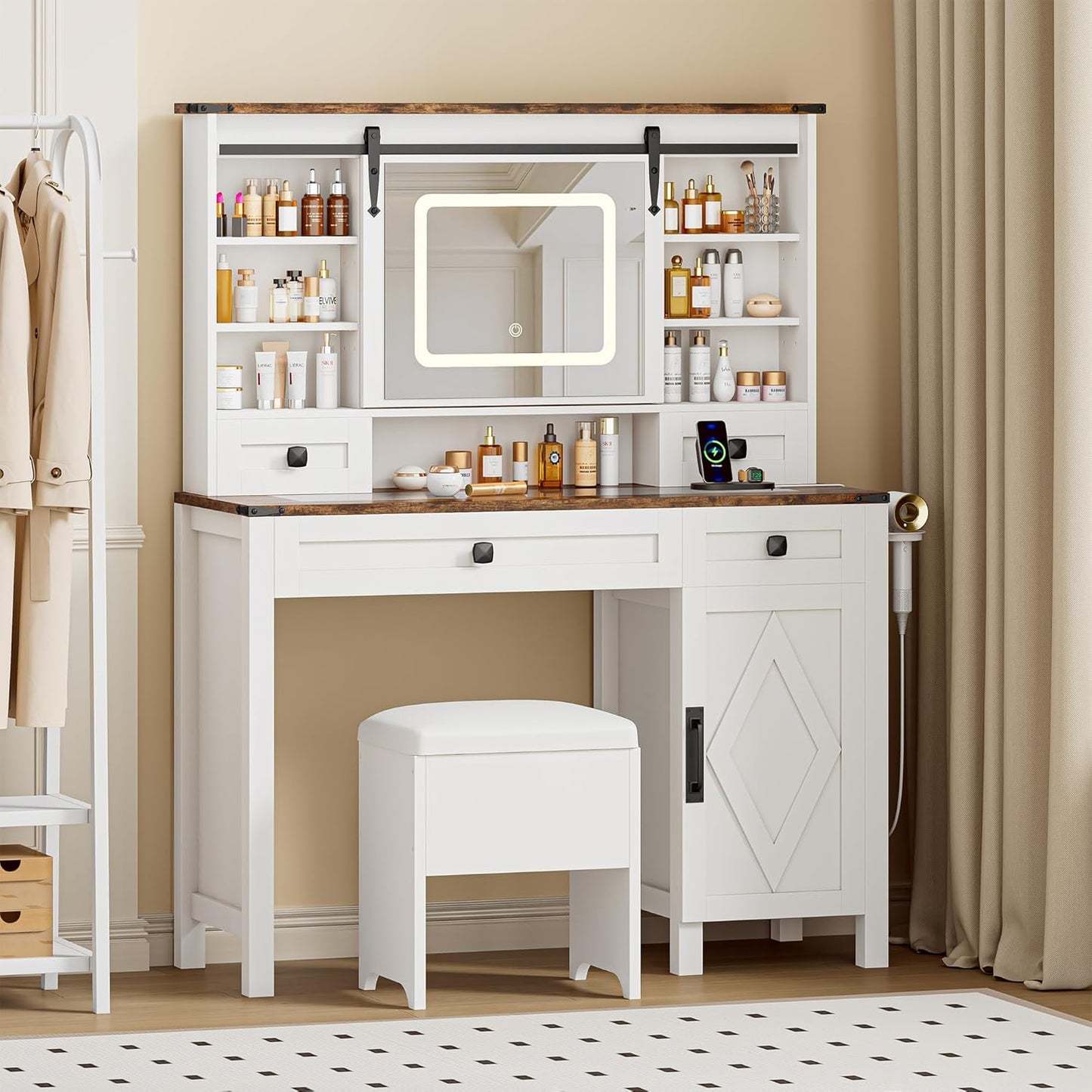 Farmhouse Vanity Desk with Sliding Mirror & Lights, Glass Top Makeup Vanity Table with Power Outlet, 3 Color Lighting Modes, 4 Drawers & Storage Cabinet, Includes Cushioned Stool for Bedroom