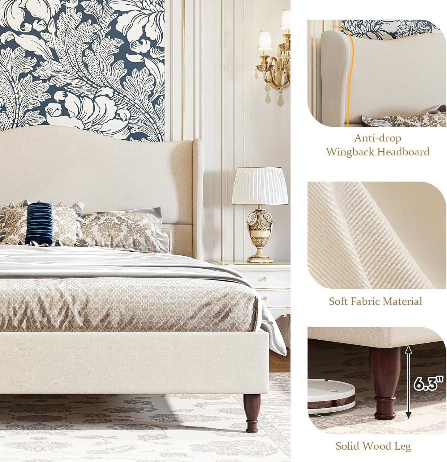 Queen Size Bed Frame Upholstered Platform Bed with 51" Tall Headboard Wingback, Soft Fabric, Retro Simple Style Platform Bed No Box Spring Needed, Easy Assembly, Beige