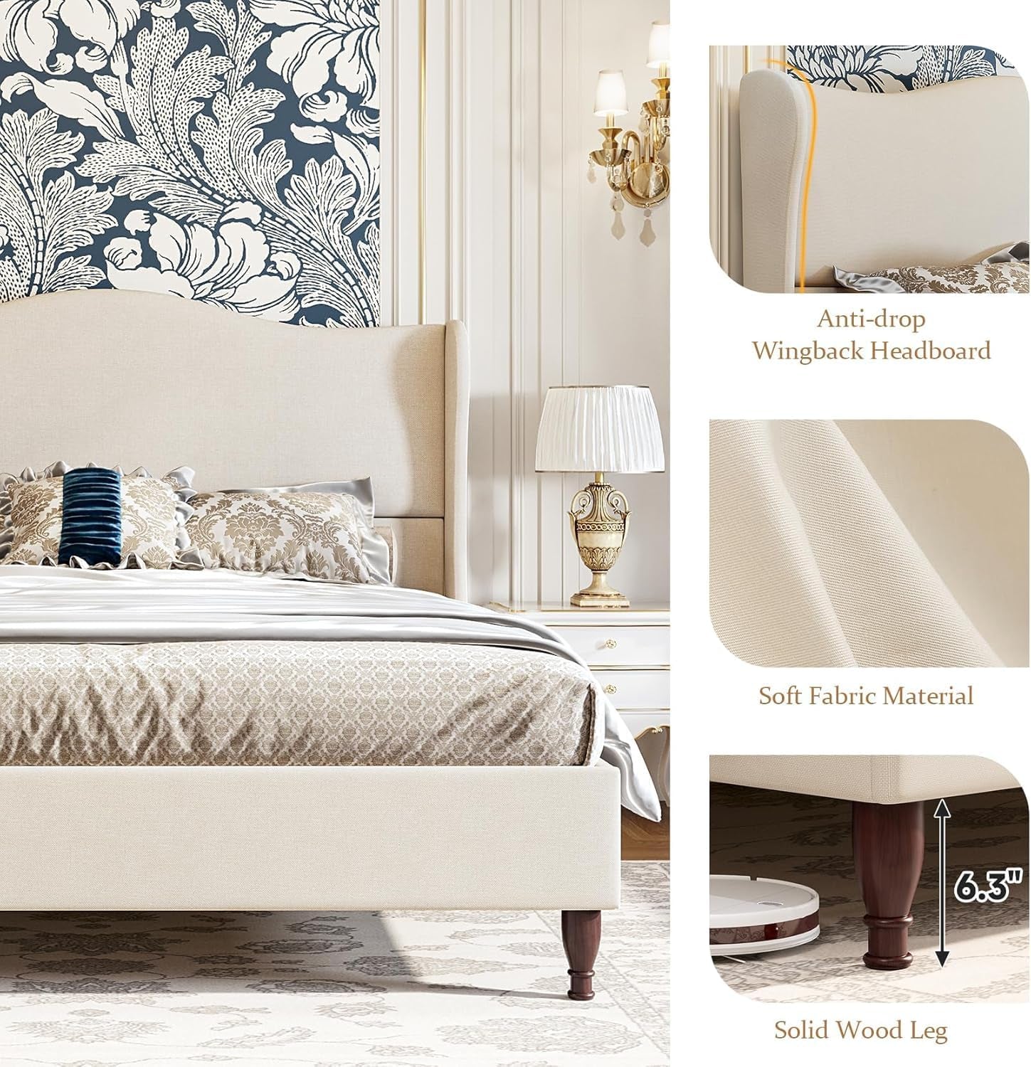 Queen Size Bed Frame Upholstered Platform Bed with 51" Tall Headboard Wingback, Soft Fabric, Retro Simple Style Platform Bed No Box Spring Needed, Easy Assembly, Beige