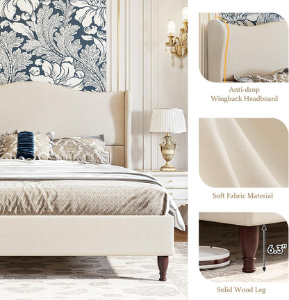 Queen Size Bed Frame Upholstered Platform Bed with 51" Tall Headboard Wingback, Soft Fabric, Retro Simple Style Platform Bed No Box Spring Needed, Easy Assembly, Beige