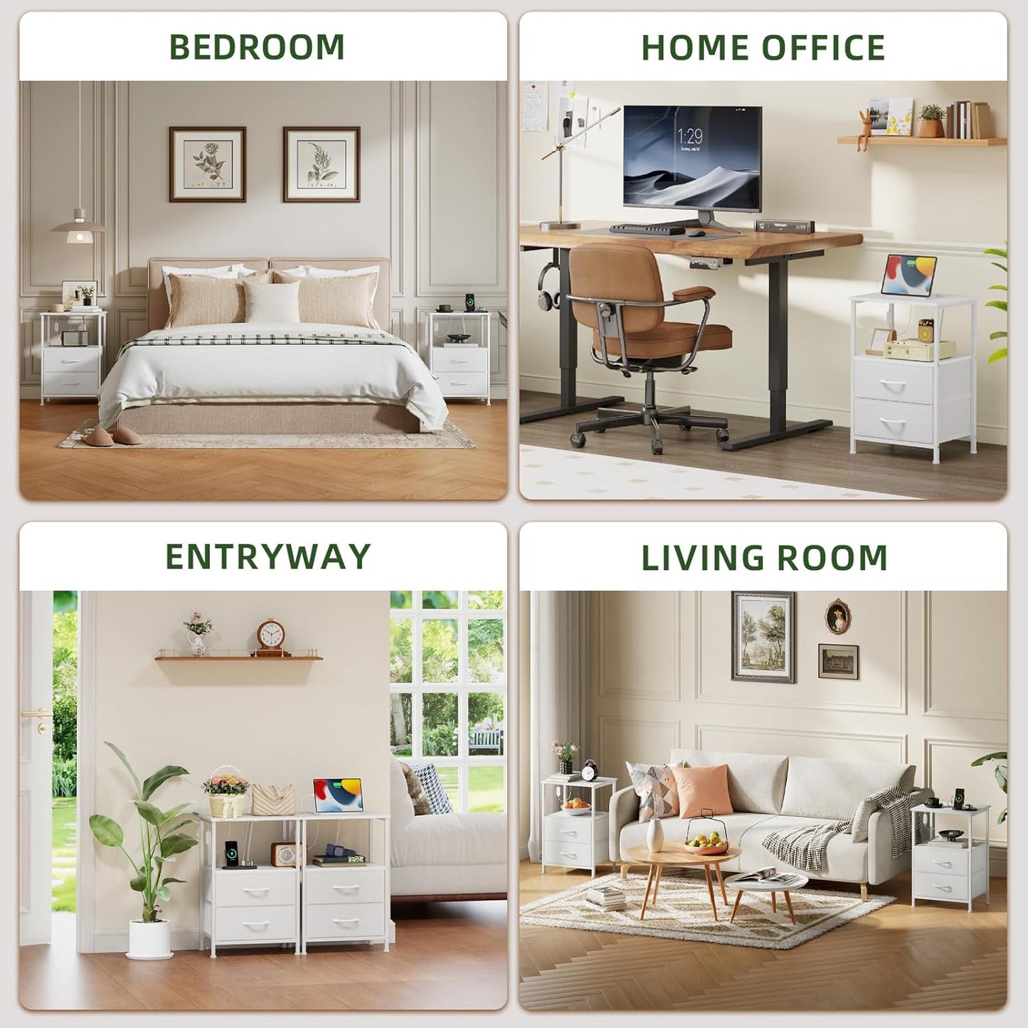 White Nightstand with Charging Station and LED Light for Bedroom, 2 Drawers Dresser with Fabric Bins for Bedside Kids Dorm Room Closet Laundry Entryway, White Leather