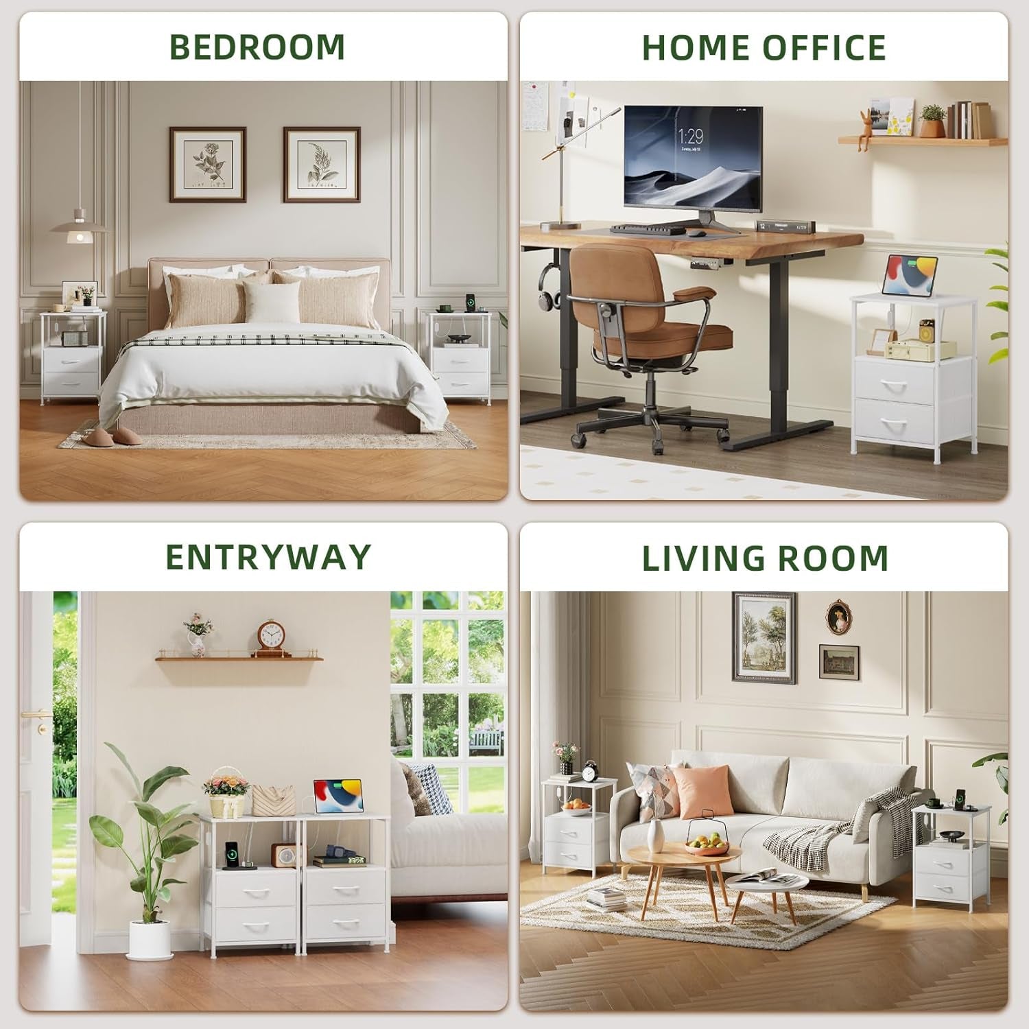 White Nightstand with Charging Station and LED Light for Bedroom, 2 Drawers Dresser with Fabric Bins for Bedside Kids Dorm Room Closet Laundry Entryway, White Leather