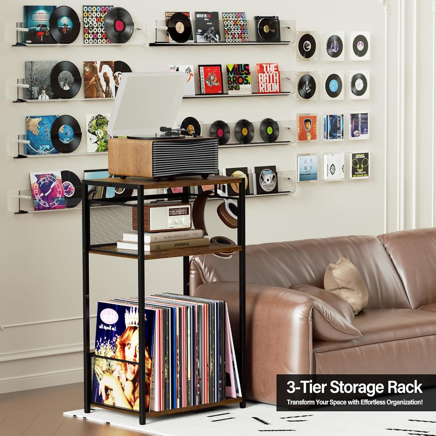 3-Tier Record Player Stand with Storage for up to 100 Vinyl Albums, Turntable Shelf with Brown Finish for Living Room & Bedroom