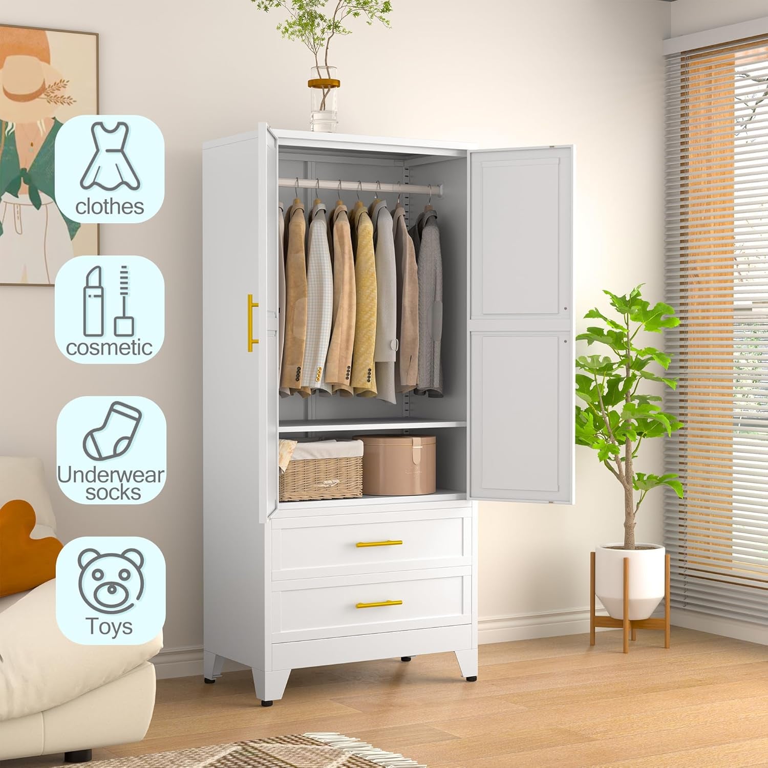 Metal Armoire Wardrobe Closet, 71 "Metal Clothing Storage Cabinet with Adjustable Shelves and Hanging Rod, Household Steel Wardrobe Storage Cabinet with Drawers (Armoire-White)