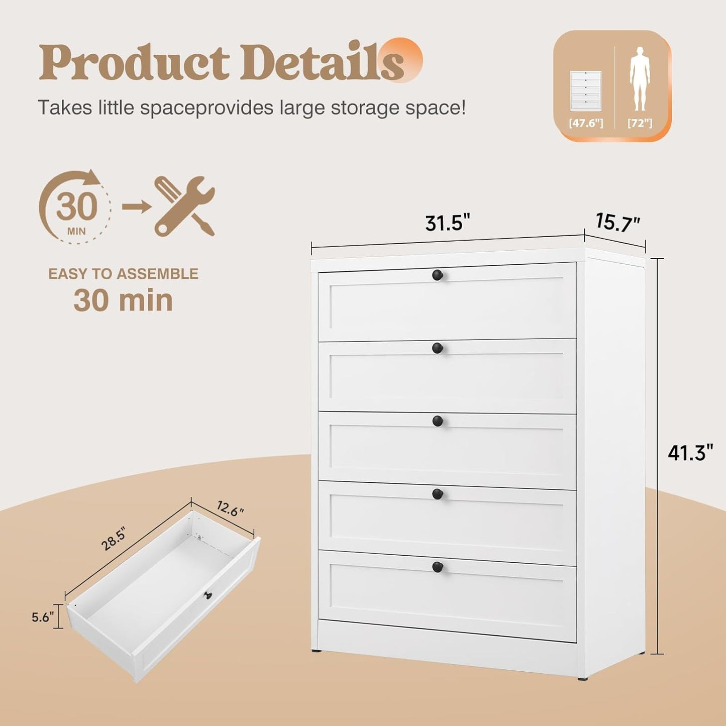Tall White Dresser for Bedroom, 5 Drawer Metal Closet Dressers Chests, Modern Storage Organizer Unit, Large Storage Space Drawer Storage Cabinet for Bedroom, Entryway, Hallway