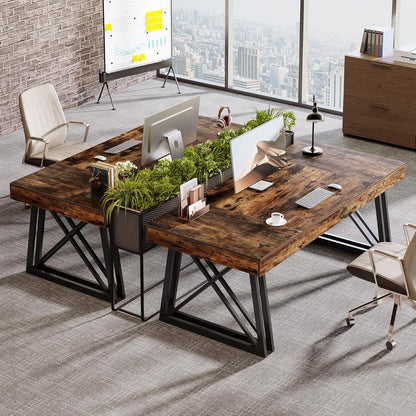 63-Inch Executive Desk, Farmhouse Office Computer Desk with Sturdy X-Shaped Legs, Large Writing Table Business Furniture Workstation for Home Office, Study (Rustic Brown & Black)