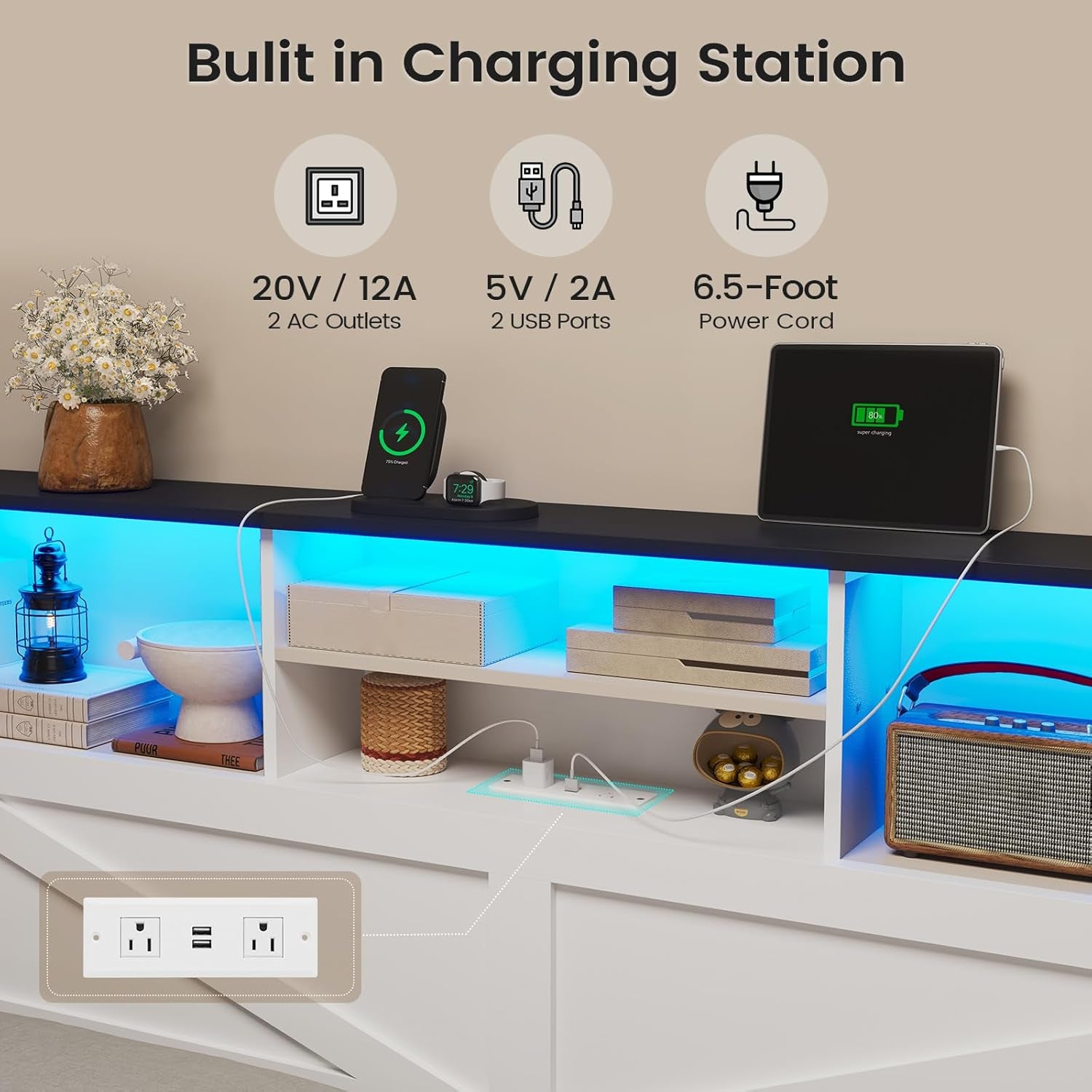 Farmhouse Queen Bed Frame with 4 Storage Drawers and Led Lights, Wooden Bed Frame Queen Size with Hidden Space Bookcase Headboard and Led Lights & Metal Slats, White