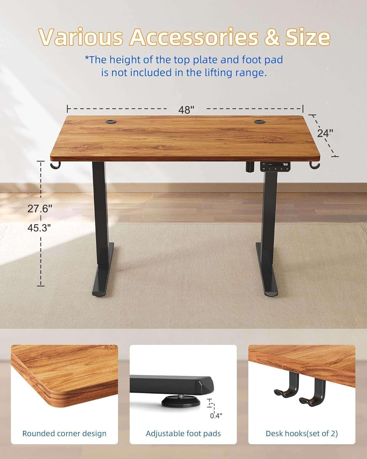 Electric Standing Desk, 48 X 24 Inches Stand up Desk with Splice Board, Adjustable Height Desk, Computer Desk for Home Office, Black Frame/Rustic Brown Top