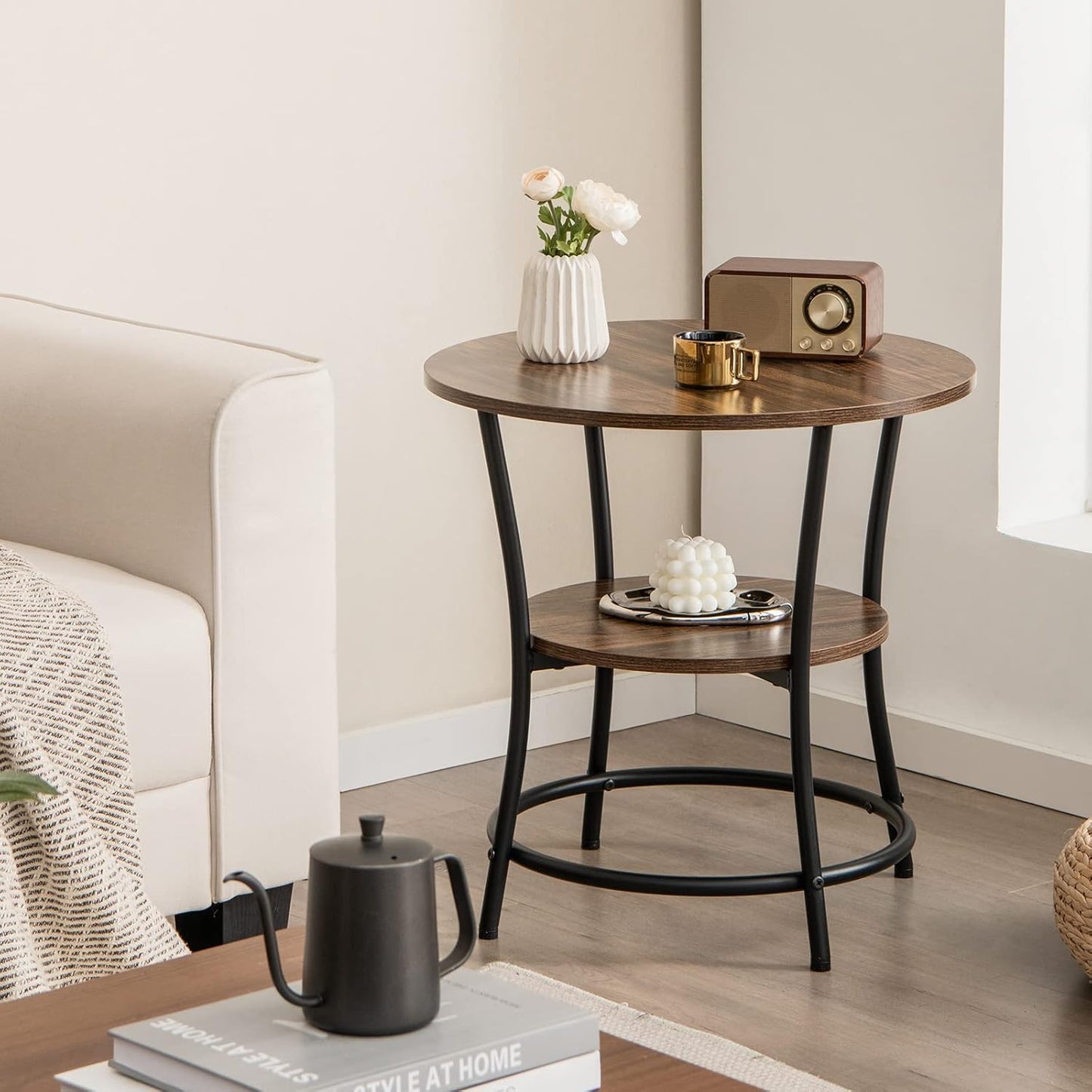 round End Table Set of 2, Industrial Side Table with 2 Storage Shelves & Sturdy Metal Frame, Versatile Bedside Table for Bedroom Living Room Small Space, Easy Assembly (2, Brown)