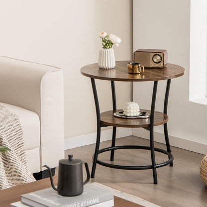 round End Table Set of 2, Industrial Side Table with 2 Storage Shelves & Sturdy Metal Frame, Versatile Bedside Table for Bedroom Living Room Small Space, Easy Assembly (2, Brown)