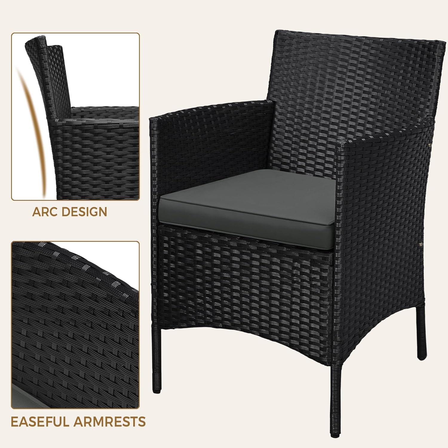 3 Pieces Patio Porch Furniture Set, Outdoor PE Rattan Wicker Conversation Set with Soft Cushions, Glass Coffee Table & 2 Chairs for Garden/Deck/Courtyard/Poolside, Black/Gray