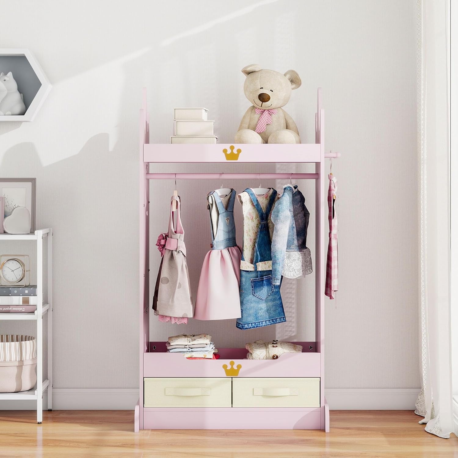 Kids Dress up Storage with Mirror, Kids Open Hanging Armoire & Costume Storage Dresser, Costumes Wardrobe Closet for Bedroom, Nursery, Preschool, Pink