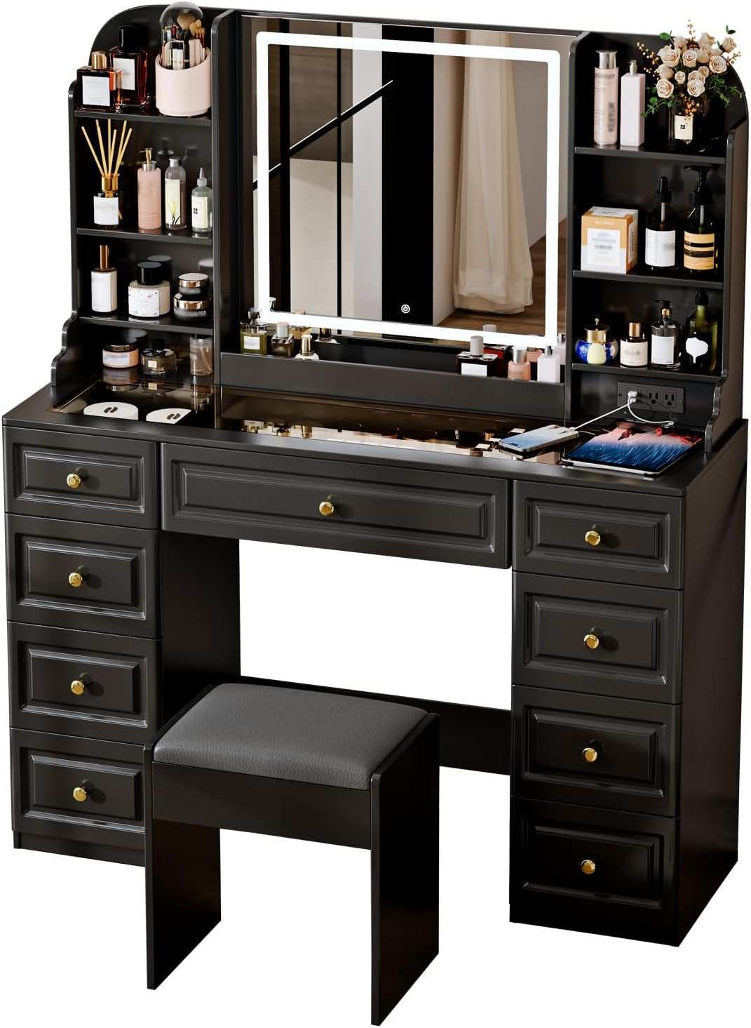 42" Makeup Vanity Desk with Mirror and Lights, & Power Outl, Glass Top Big Vanity Table with 9 Drawers& 8 Storage Shelves, Dressing Table Set with Chair for Bedroom, Black
