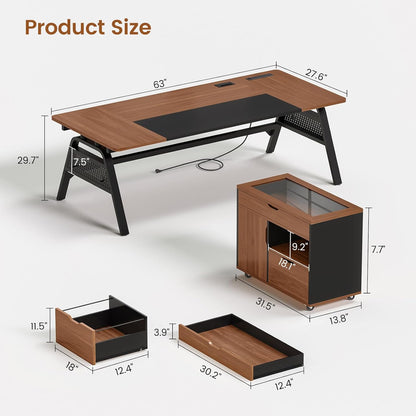 L Shaped Computer Desk with Mobile File Cabinet & Power Outlets, Executive Home Office Desk with Storage Drawers, Pegboard, Cable Management, Reversible L Desk for Work & Gaming, Black + Brown