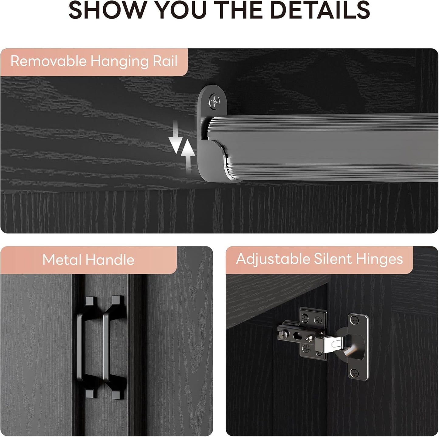 Armoire Wardrobe Closet with 2 Doors and 2 Drawers 70" H X 28" W Wooden Bedroom Freestanding Wardrobe Combination for Hanging Clothes, Black